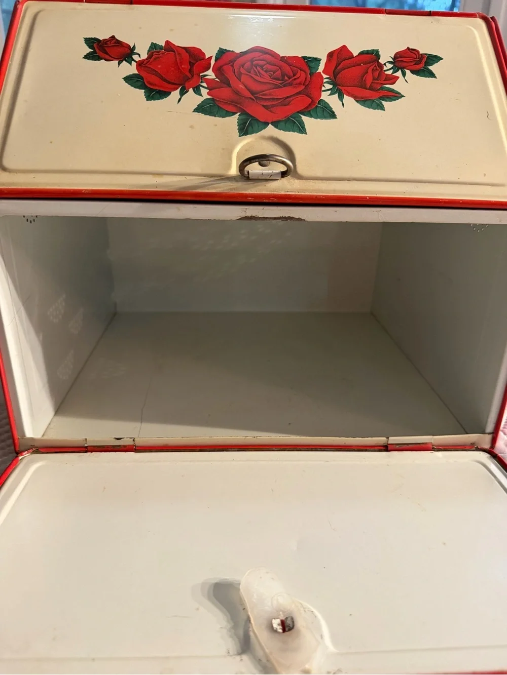1940’s Vintage Floral Metal Bread Box/Pie Safe Red Roses Distressed Patina